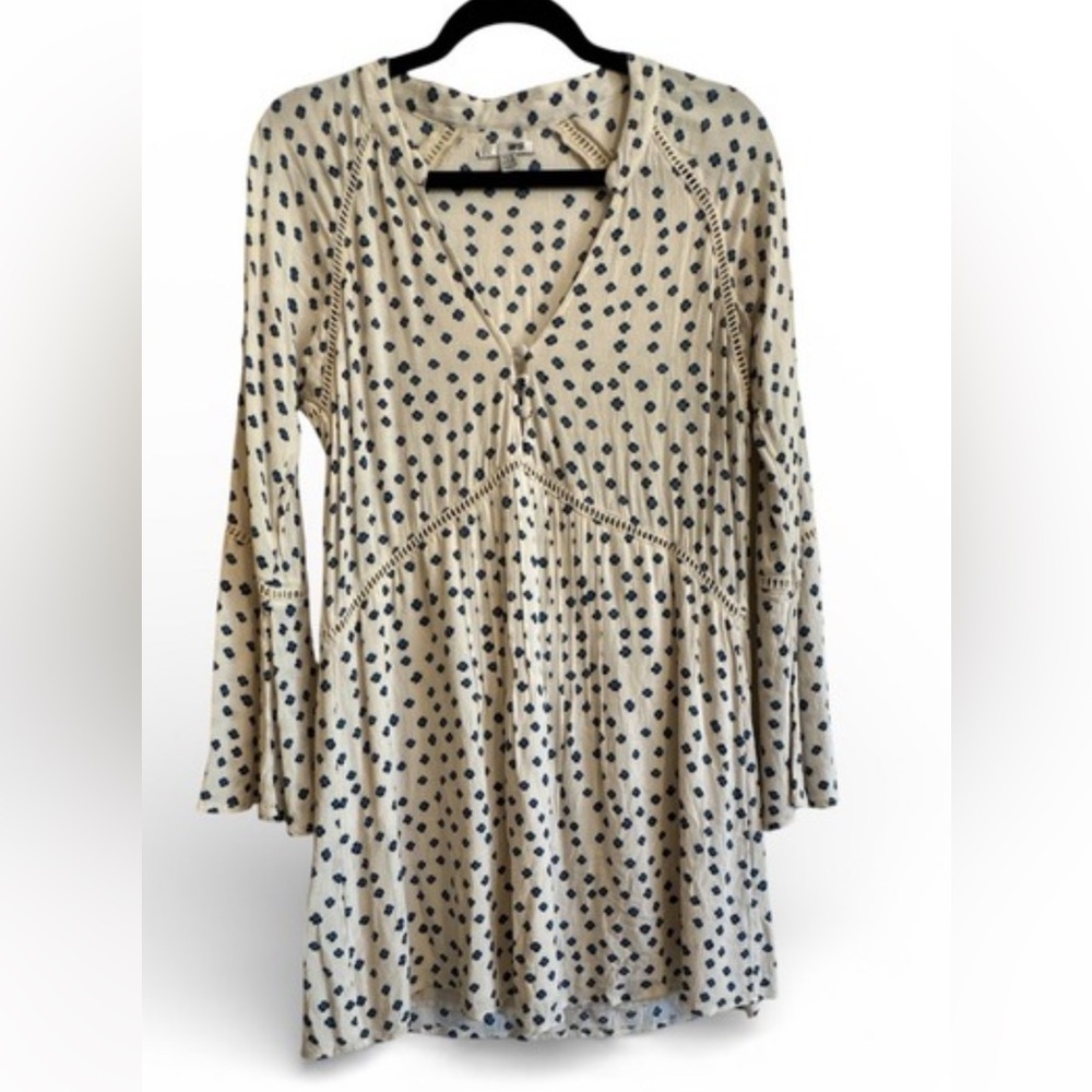Amuse White Long Sleeve Blue Polk Dot V Neck Mini Dress Size Small